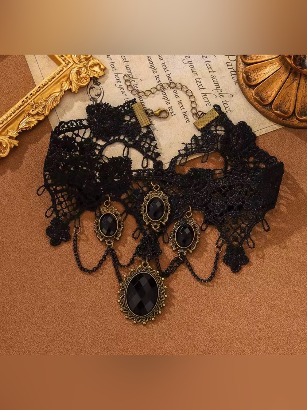 Black Lace Gothic Choker Necklace with Antique Gold Accents